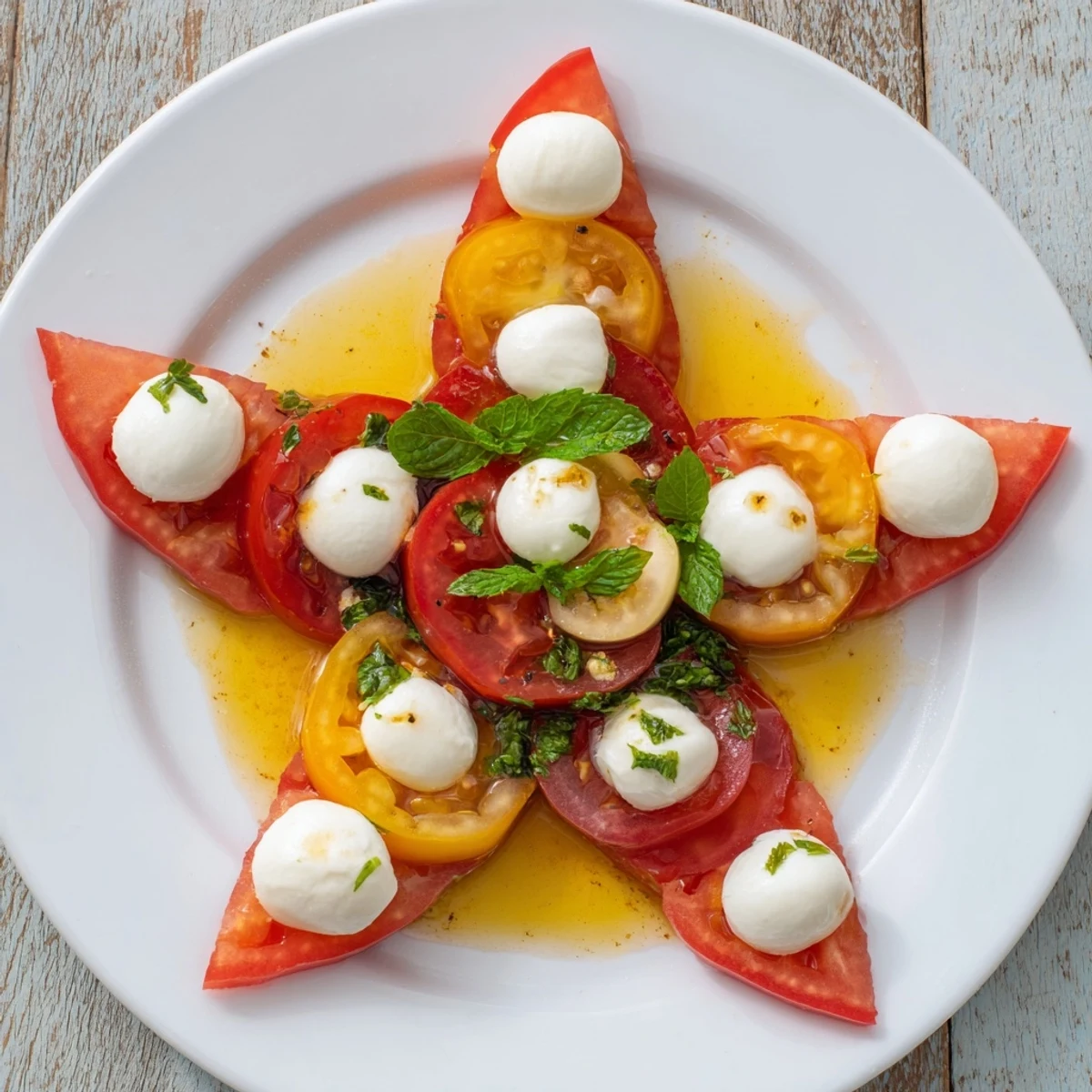 Bright red tomatoes and fresh mozzarella create the visually stunning Starfish Caprese Salad for a summer appetizer.