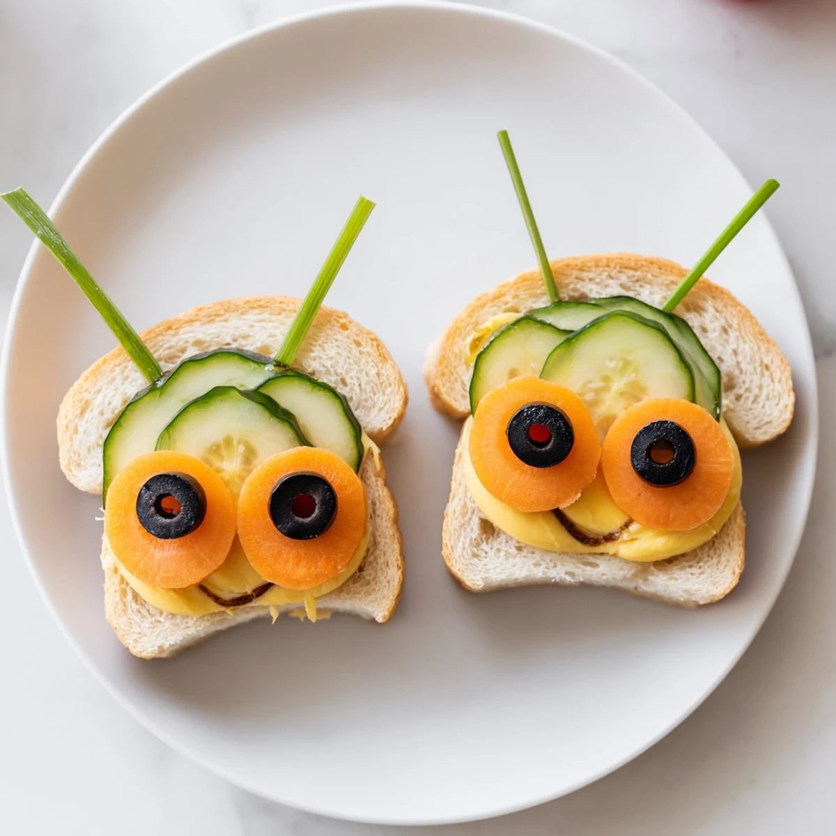 Bee sandwich cutouts on a board, showing adorable bee shapes, perfect for kids' parties.