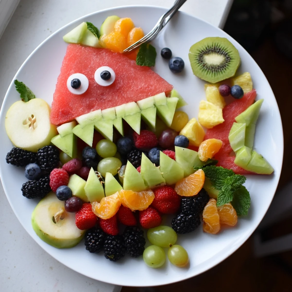 Vibrant Watermelon Shark Bite Board overflowing with colorful, juicy summer fruits, perfect for snacking.