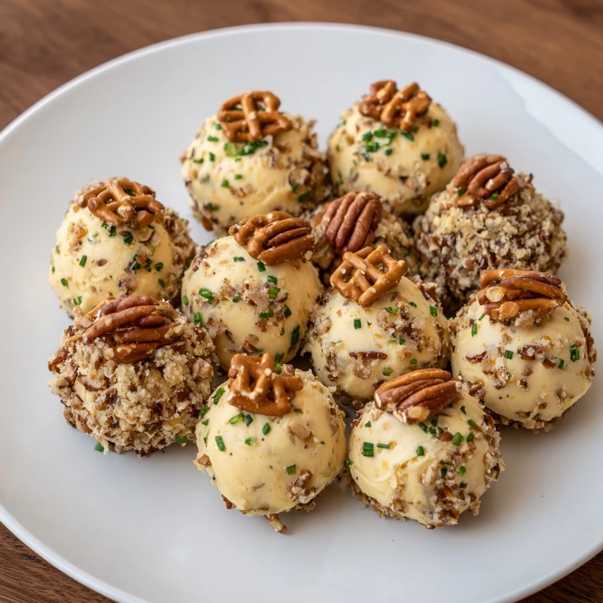 These festive acorn cheese ball bites showcase creamy cheese beneath nutty pecan and herb exteriors.