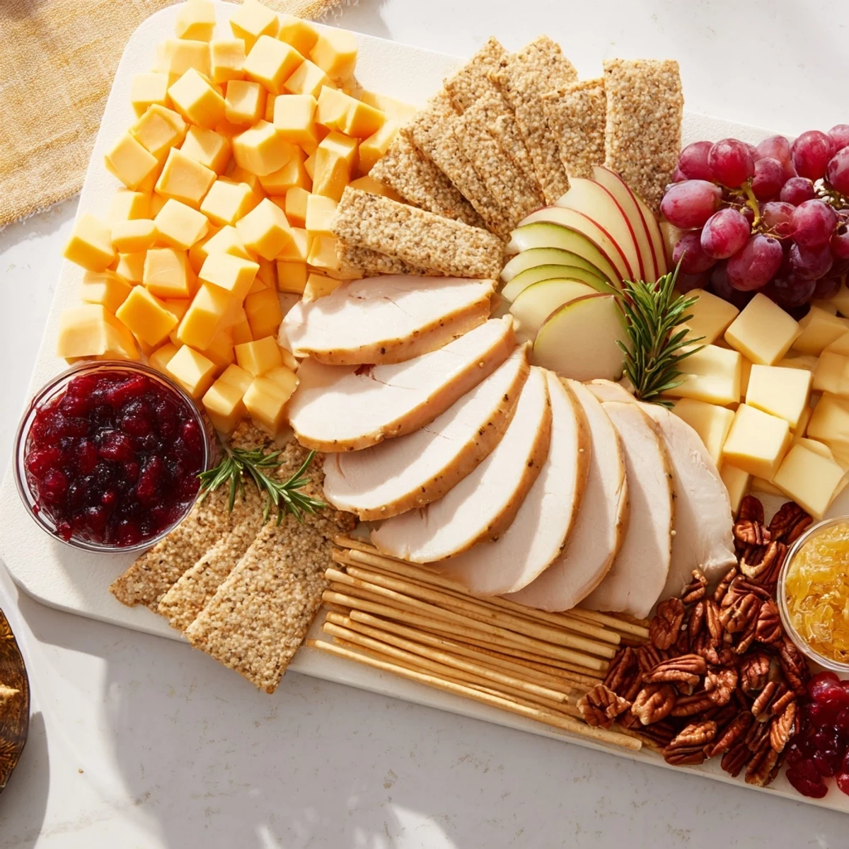 A beautifully arranged Turkey Cheese and Cracker Board appetizer, featuring roasted turkey and assorted cheeses.
