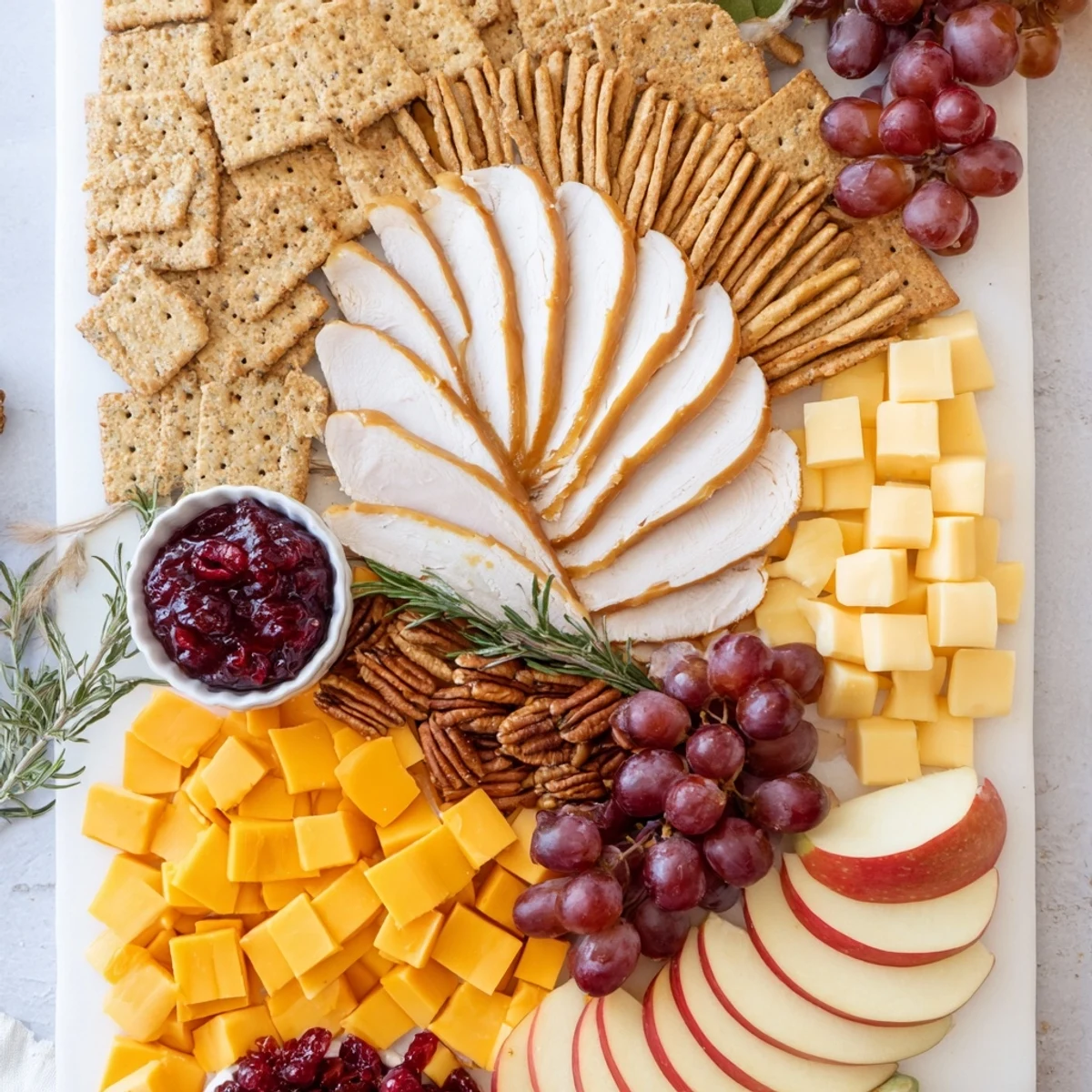 Easily assemble a festive Turkey Cheese and Cracker Board for your Thanksgiving gathering with simple ingredients.