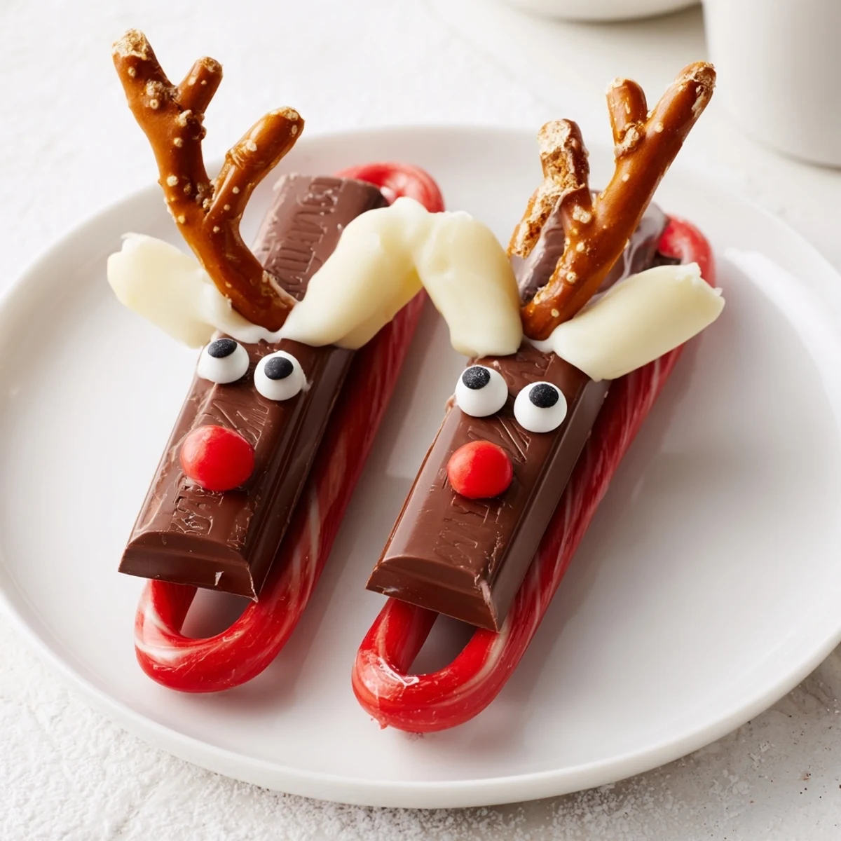 Homemade Rudolph Candy Cane Sleds, complete with pretzel antlers, offer a whimsical holiday dessert experience.