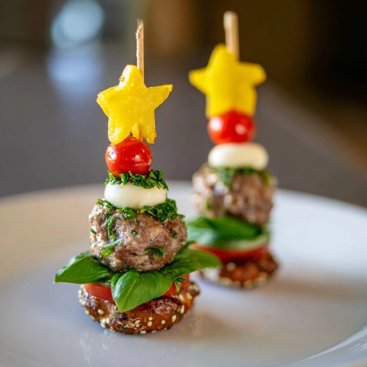 Stacked mini meatball Christmas trees, garnished with fresh basil and mozzarella for guests to enjoy.