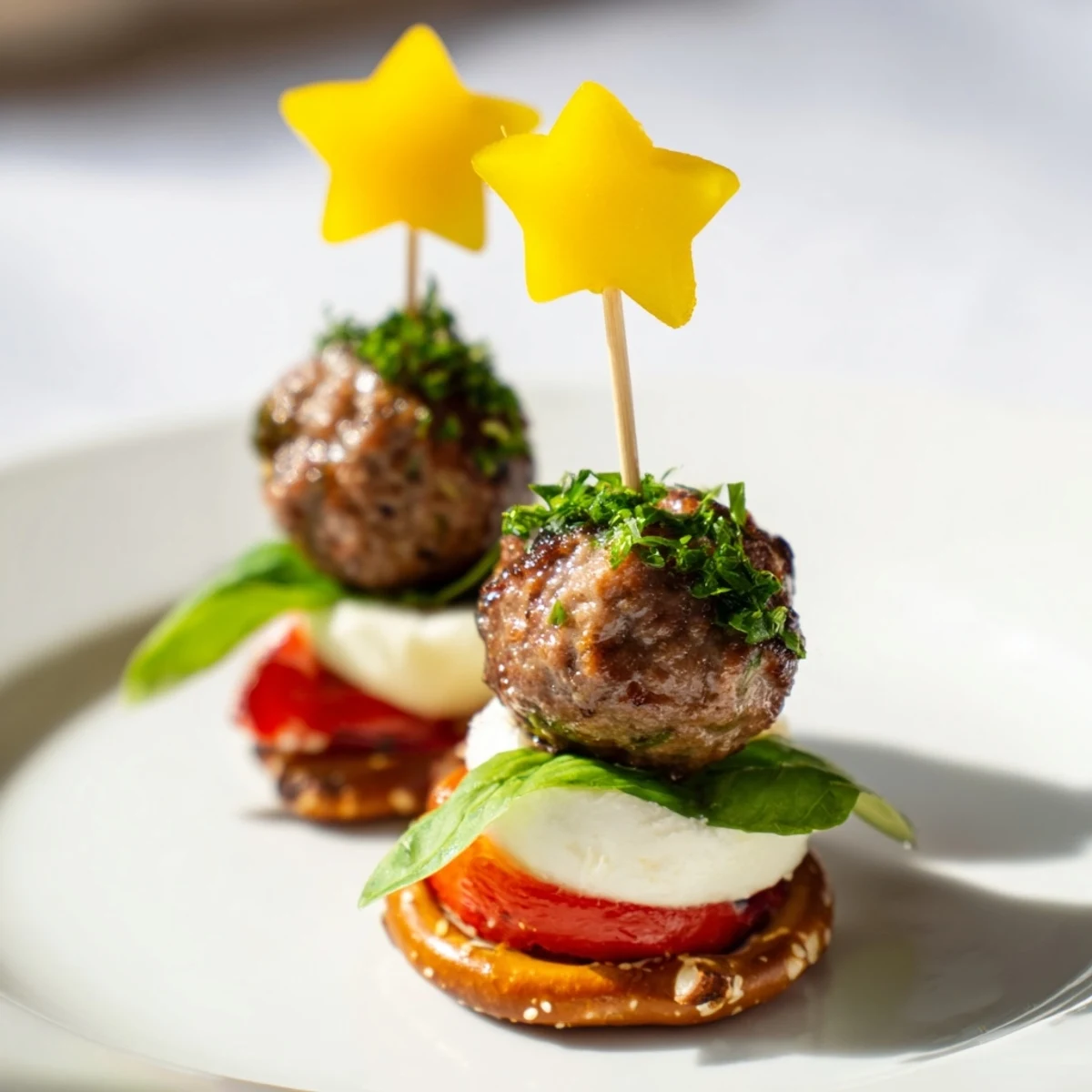 Christmas trees made of savory mini meatballs, topped with yellow pepper stars for a festive appetizer.