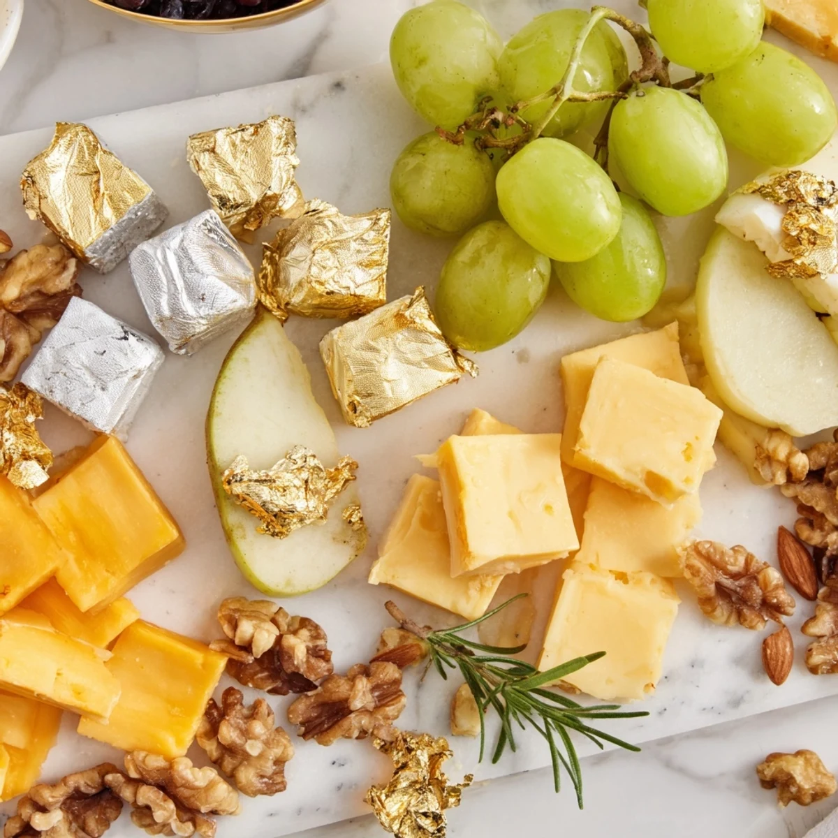 Golden Gouda and silver-hued cheeses alongside fresh fruits compose this festive Gold and Silver Cheese Cube Board.