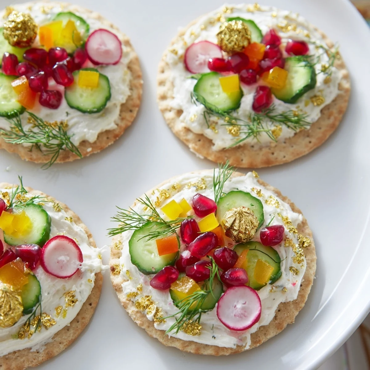 Beautifully decorated Ornament Shaped Cracker Toppings, showcasing vibrant bell peppers, radishes, and herbs for a savory bite.