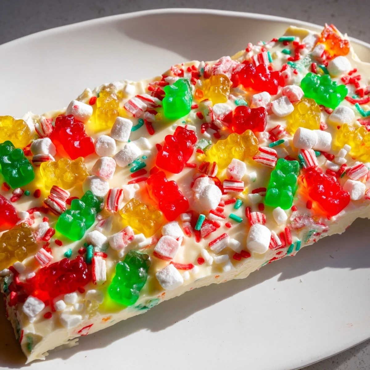 A close-up of the finished gummy bears and candy canes mixture, ready to be broken into pieces.