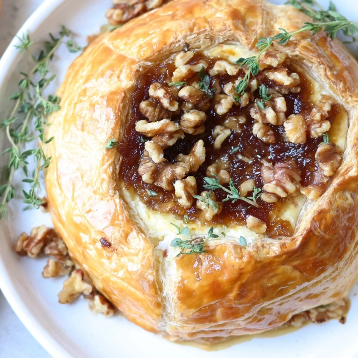 Creamy, melted Baked Brie glistening under a layer of sweet fig jam, ideal for sharing on a platter.