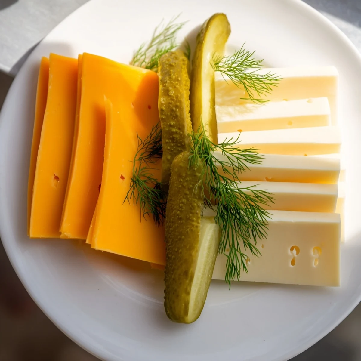Savory dill pickles and sliced cheese mingle on this simple, delicious appetizer platter.