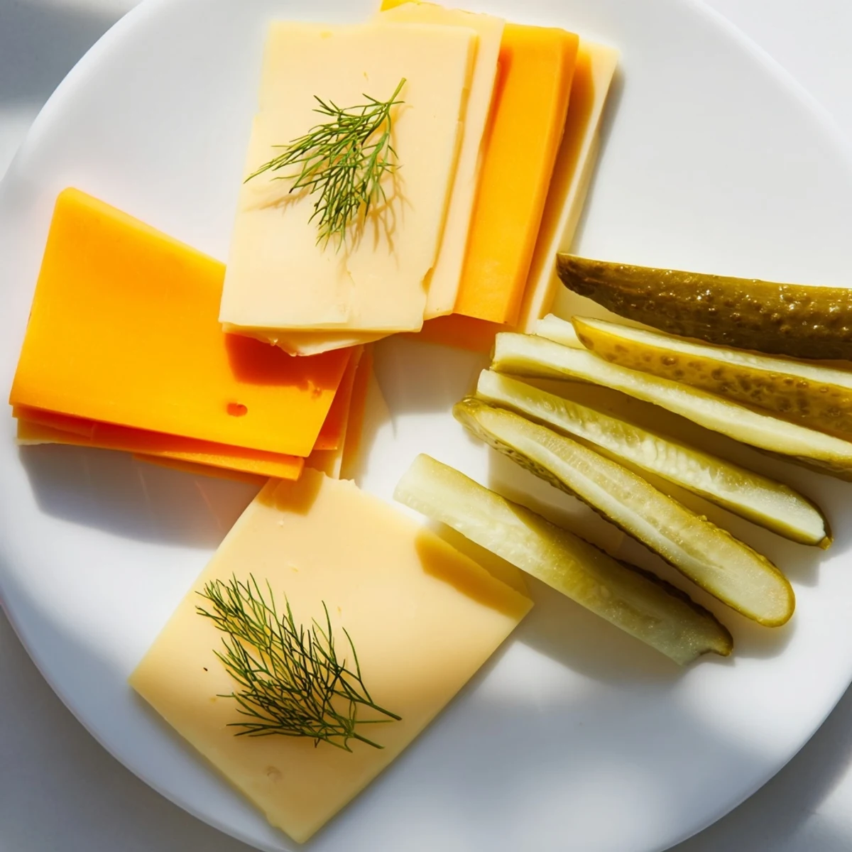 Dill Pickles and Sliced Cheese appetizer, a colorful platter of pickles and various cheeses.