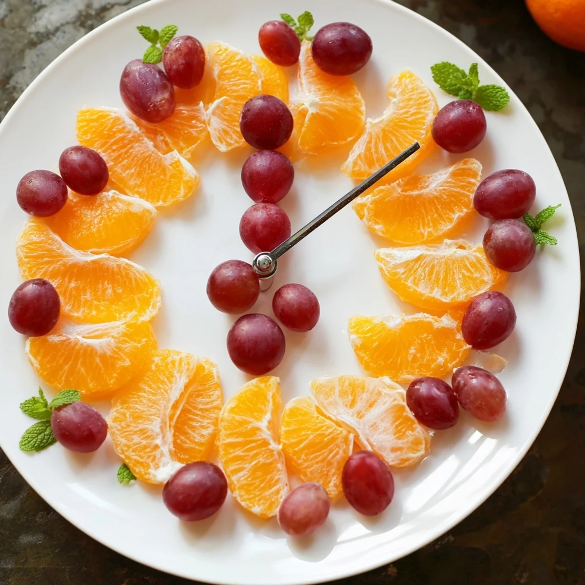 Bright red grapes and fresh orange slices artfully create a Grape and Orange Slice Clock Face for brunch.