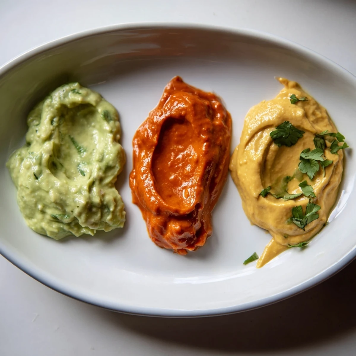 Three dips, a Dip Trio, offer a visual feast: avocado, red pepper, and hummus, ready to be enjoyed.