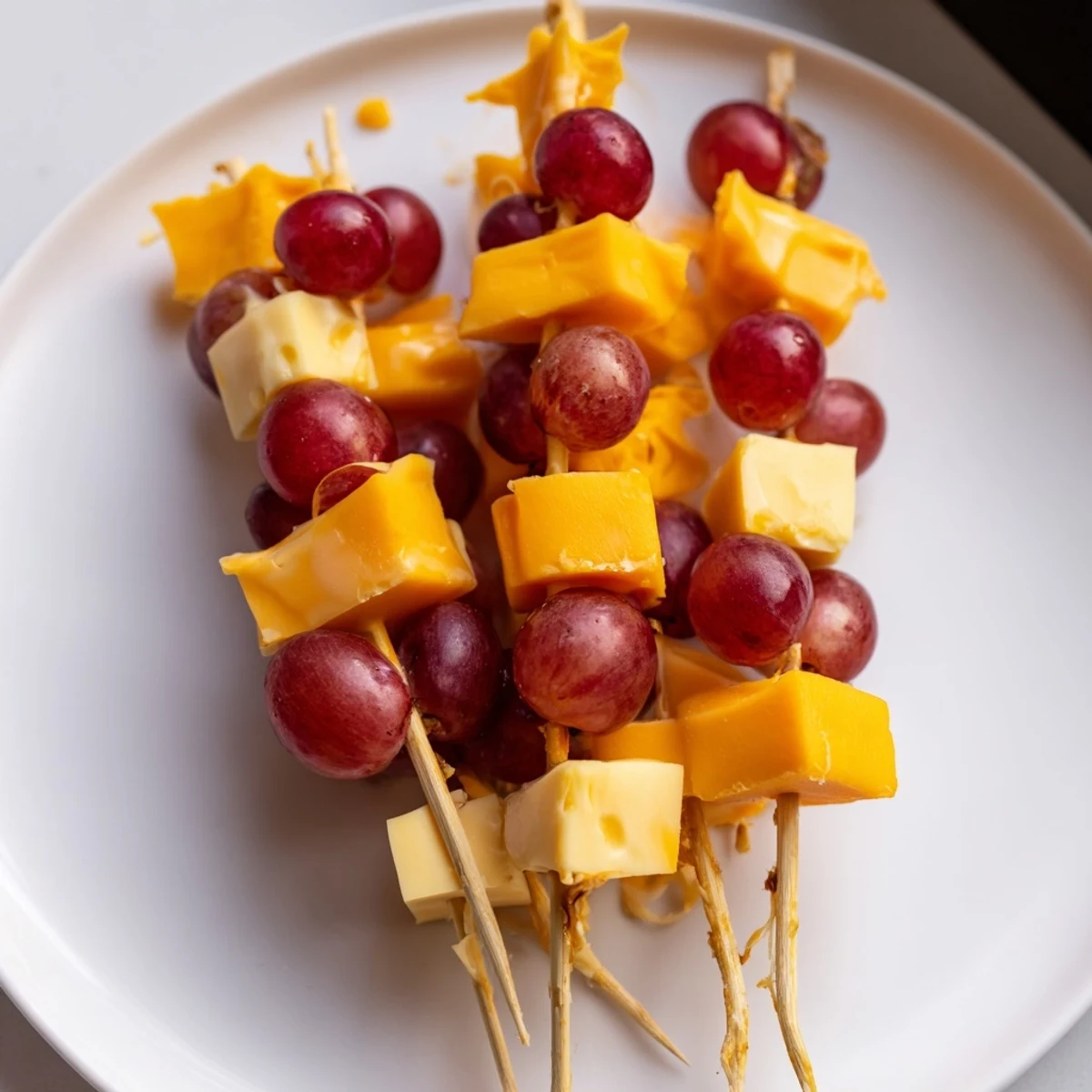 Elegant Cheese & Grape Skewers arranged on a platter ready to serve as a refreshing, colorful snack.