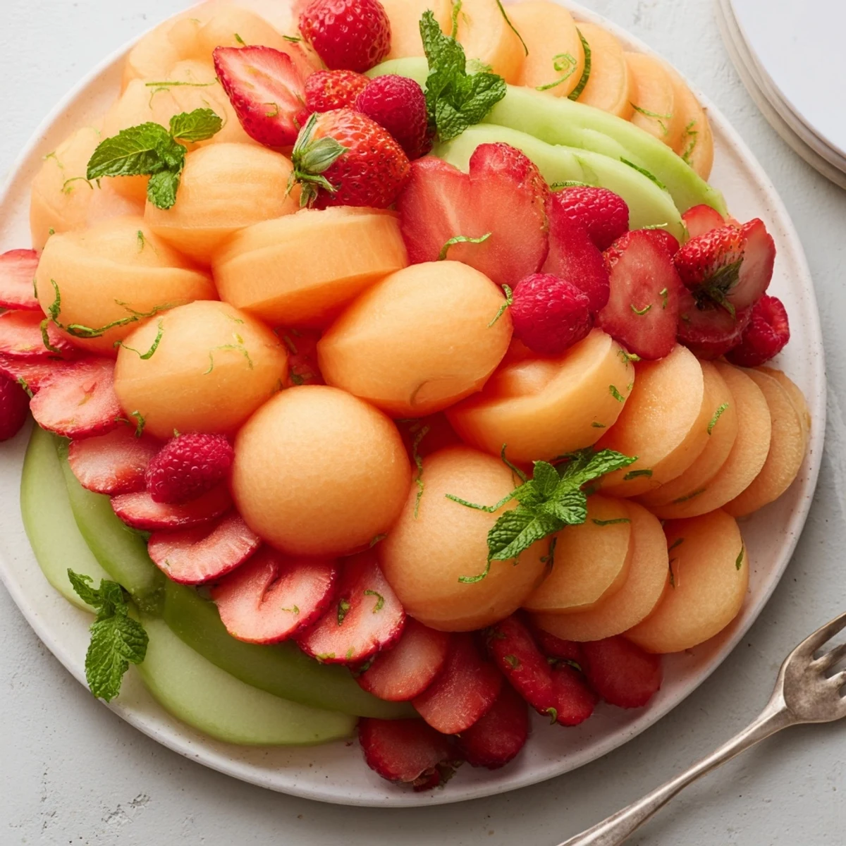 Vibrant fruit platter: concentric layers of juicy melon and fresh berries, a summer treat.