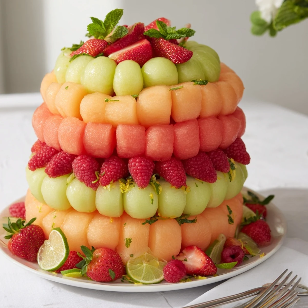 A beautiful layered fruit platter: refreshing melon and berry circles, perfect for brunch gatherings.