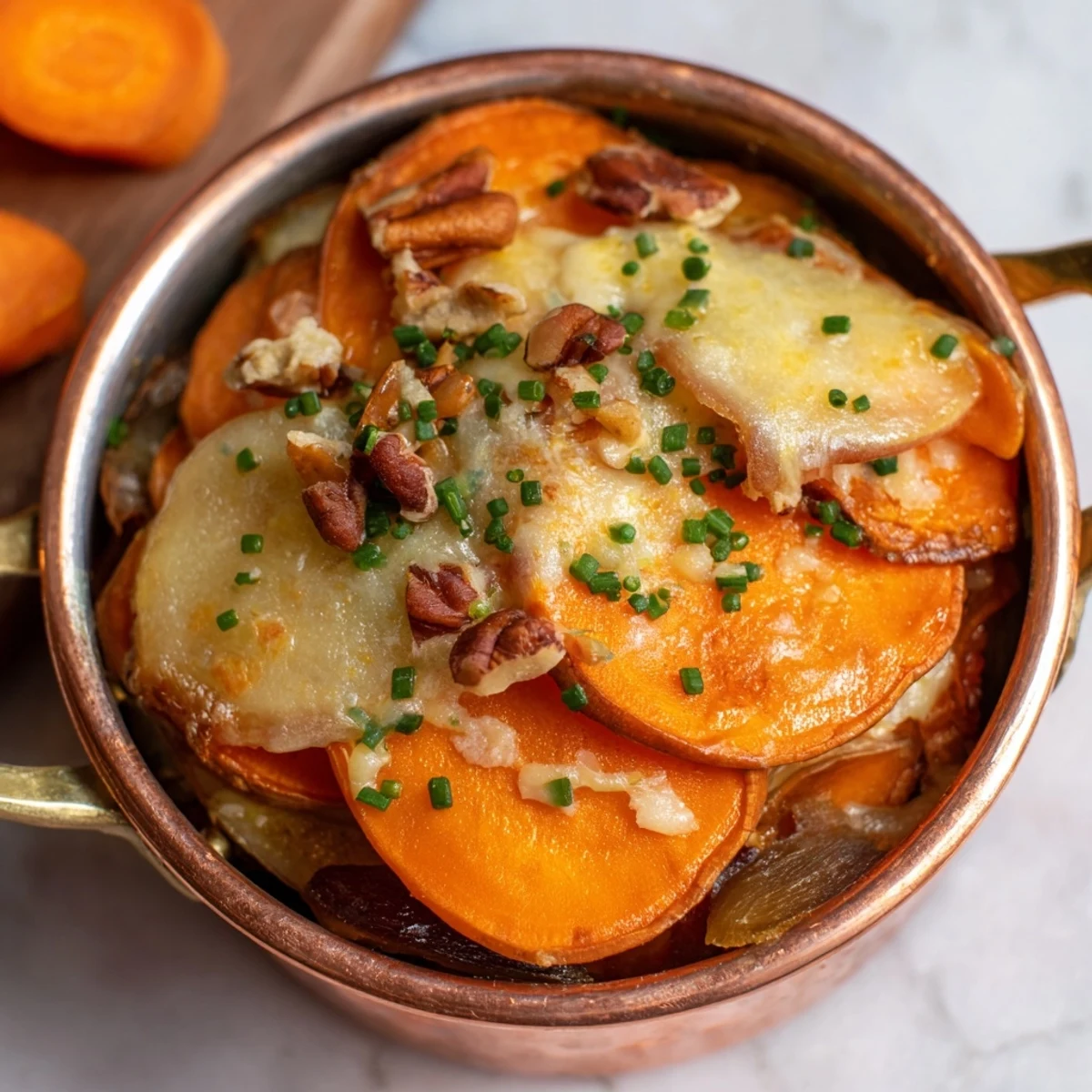 Imagine the layers of sweet potatoes and carrots in Copper Penny Warmth, glistening after baking with apricot.
