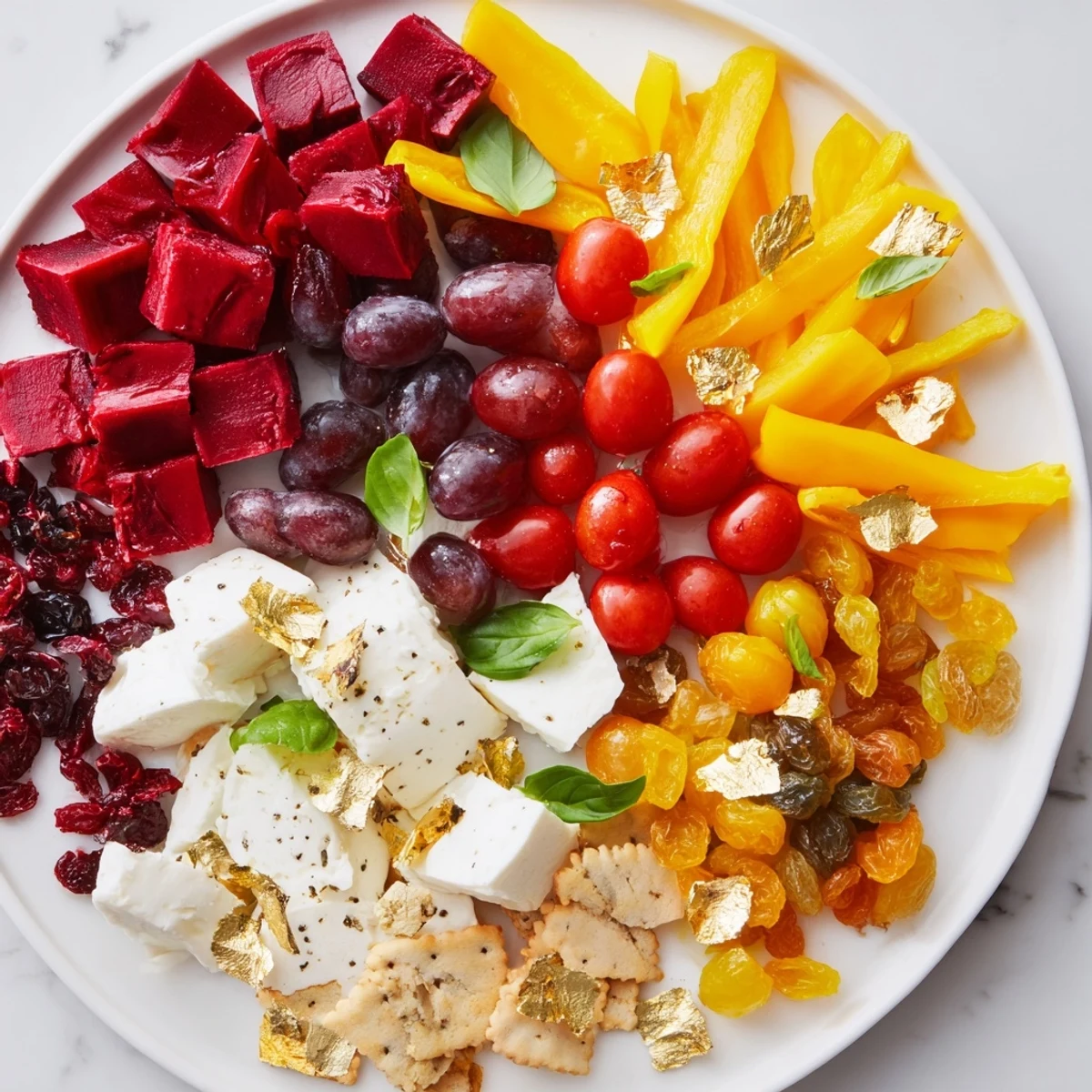 Crimson & Gold Gala appetizer platter bursting with red cherries and roasted golden peppers, ready to serve.