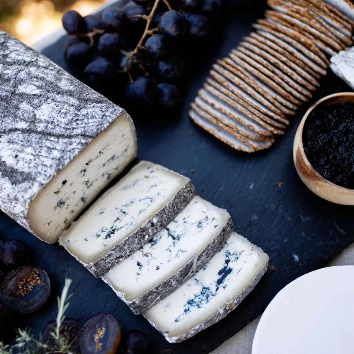 Elegant monochrome gray stone cheese board with ash-rinded cheeses, ready to serve and enjoy.