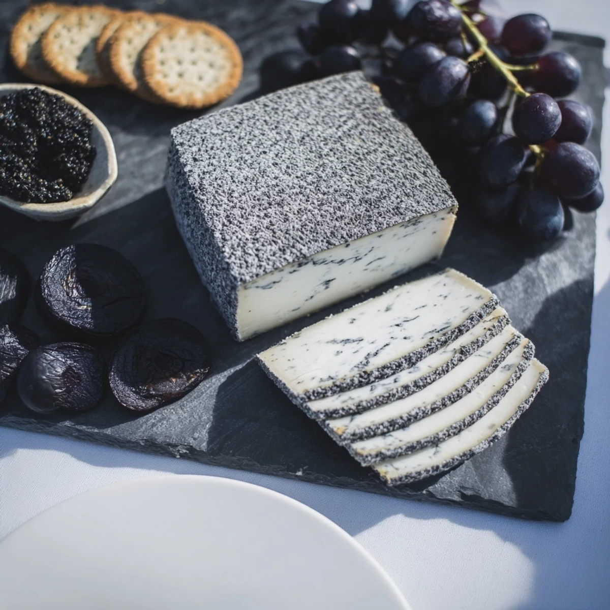 A close-up shot of a stunning, monochromatic gray stone cheese board, perfect for sharing.