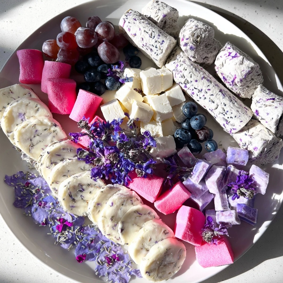 Ethereal image of a Lavender Haze Dreamscape cheese board with creamy cheeses and floral garnishes for a lovely gathering.