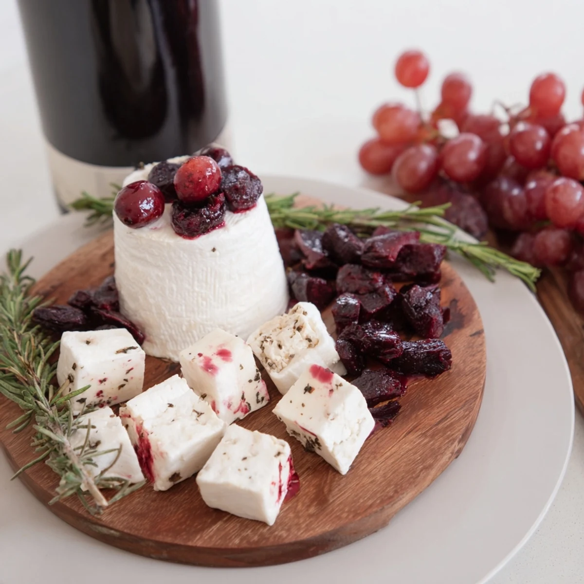 A beautiful cheese board, the Ruby Red Wine Stain Board, includes wine-infused grapes and salami.