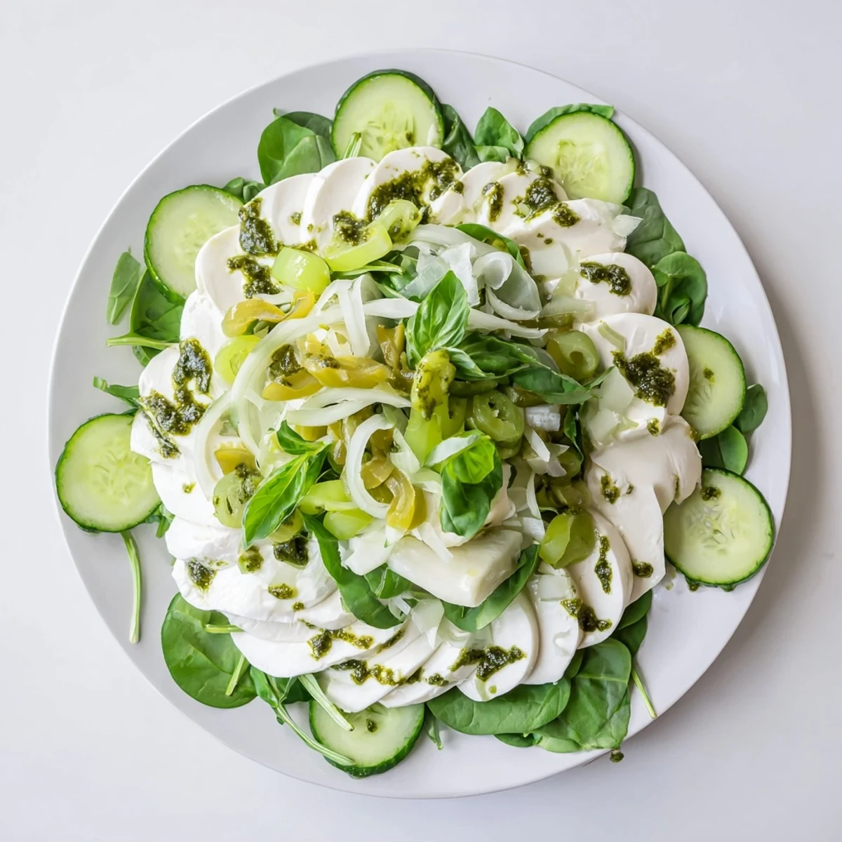 Emerald Isle Greenscape salad with creamy mozzarella, a vegetarian delight, ready to serve.