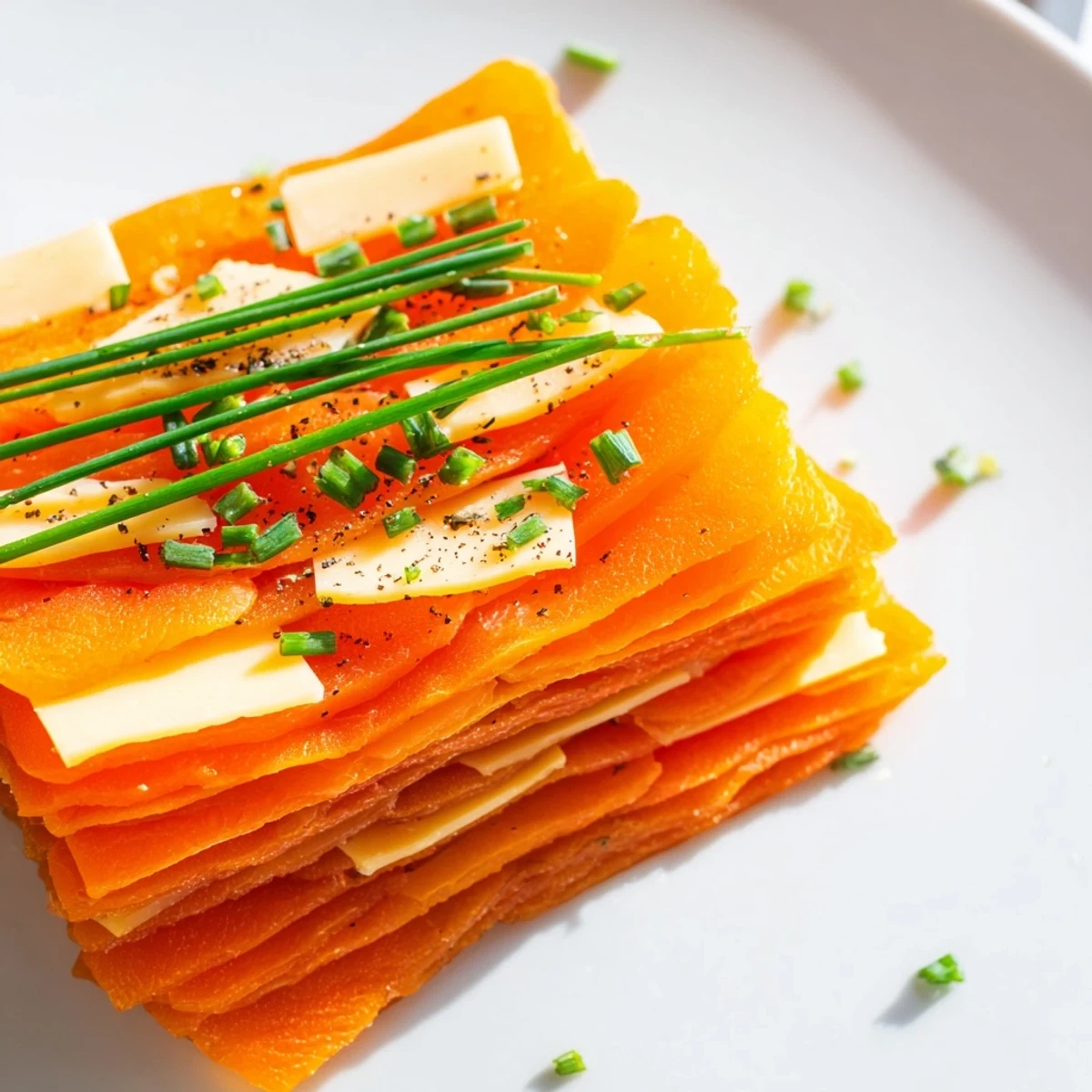 Vibrant Serengeti Sunset appetizers with alternating layers of golden apricots and smoked Gouda, ready to serve.