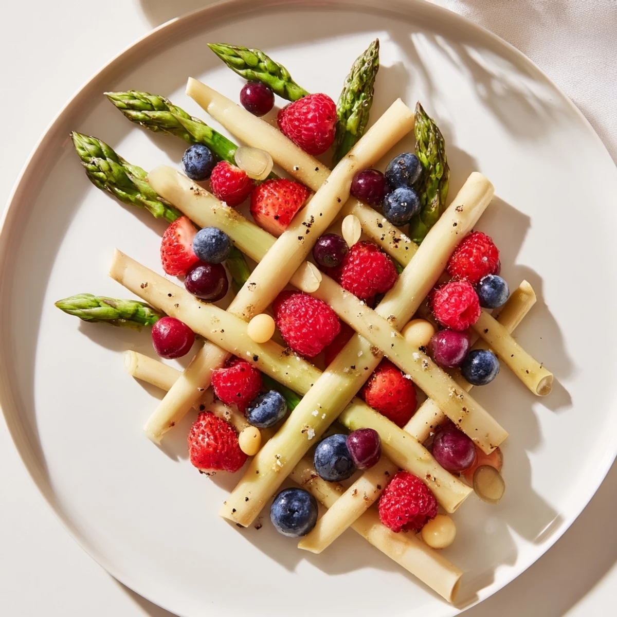 Freshly prepared The Botanical Lattice, showcasing a delicate asparagus weave filled with juicy, colorful berries.
