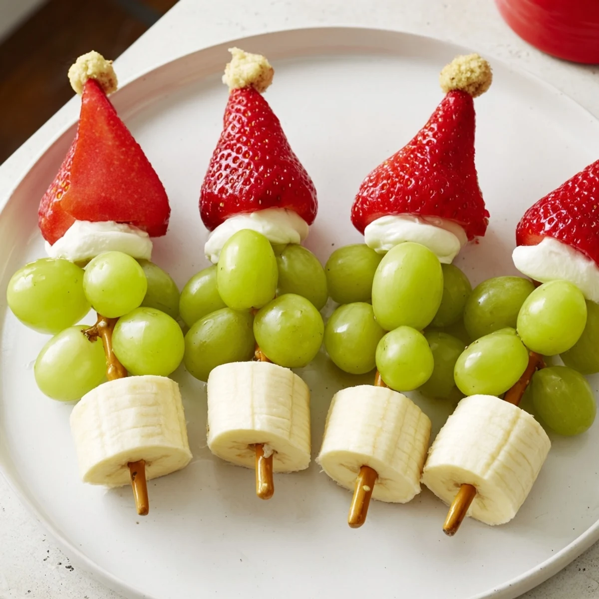 Vibrant image displays festive Elf Hat Strawberry Skewers, a fun and easy kids' snack, ready to enjoy.