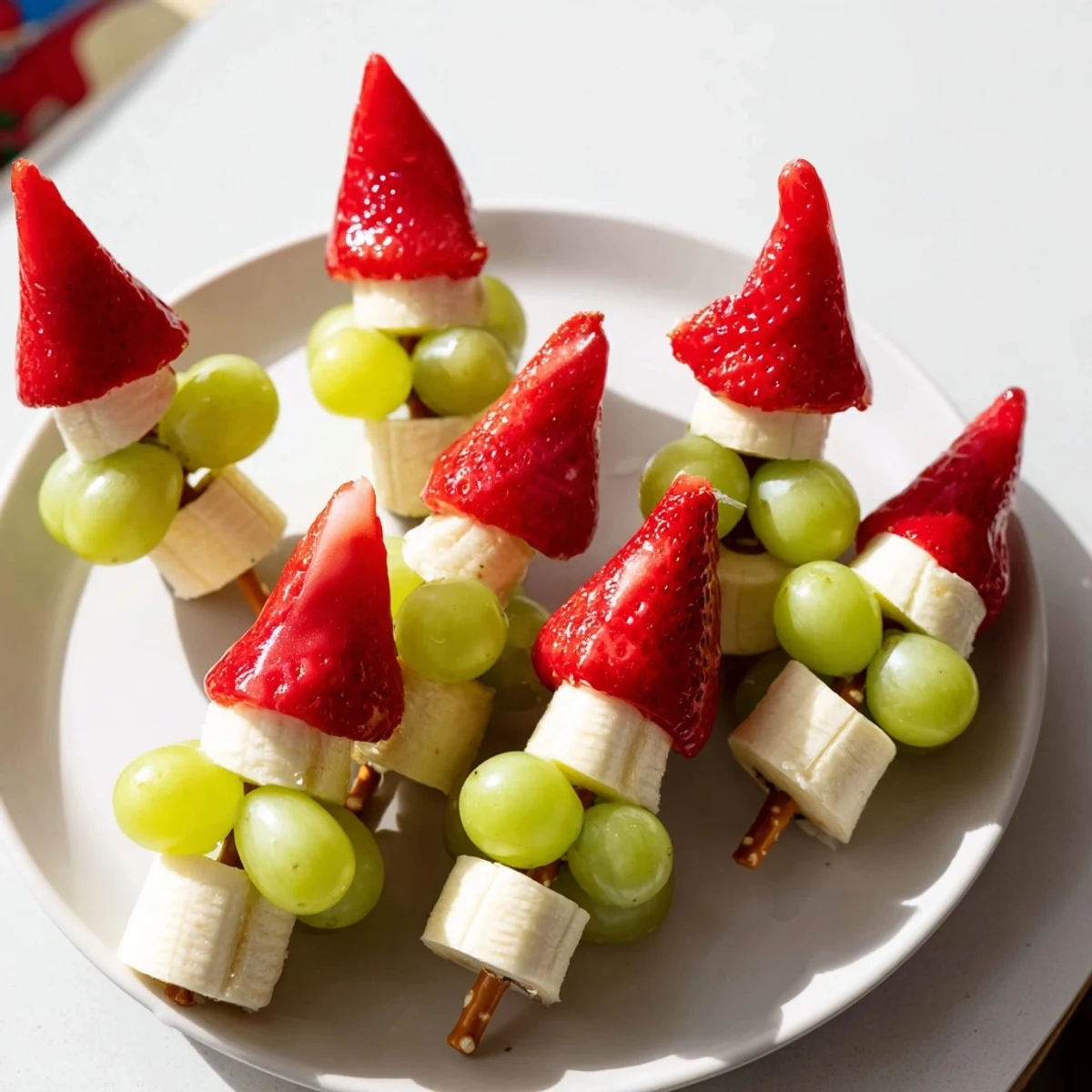 Freshly assembled Elf Hat Strawberry Skewers, showcasing the bright red strawberries, grapes, and banana.