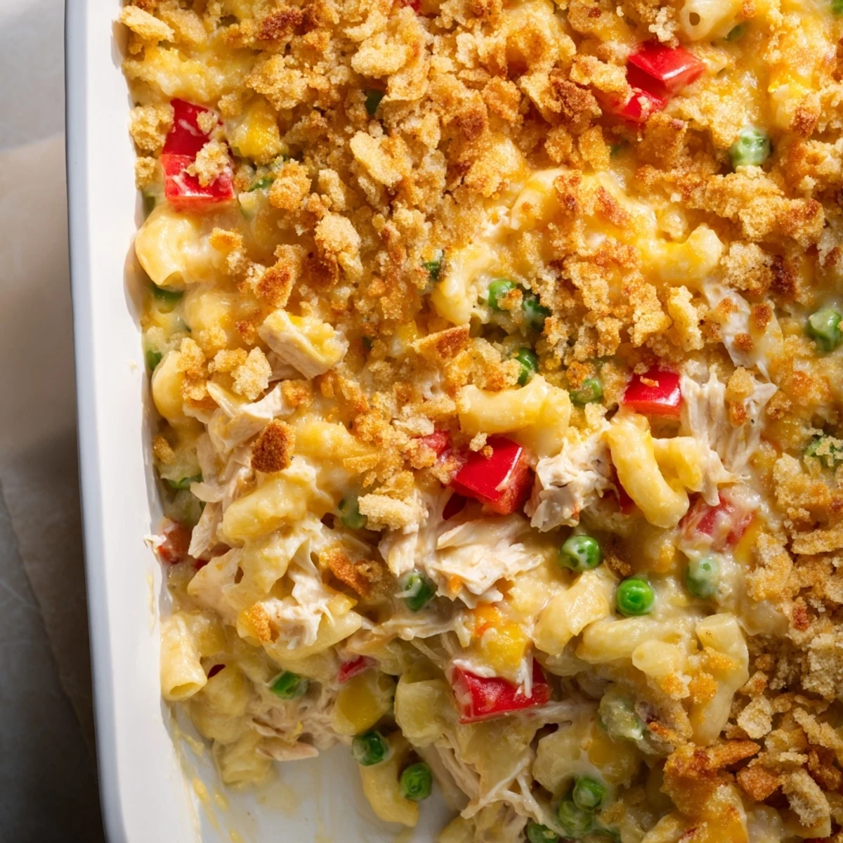 A bubbly baked Chicken Macaroni Southern Style casserole, smelling of warm cheese and savory chicken.