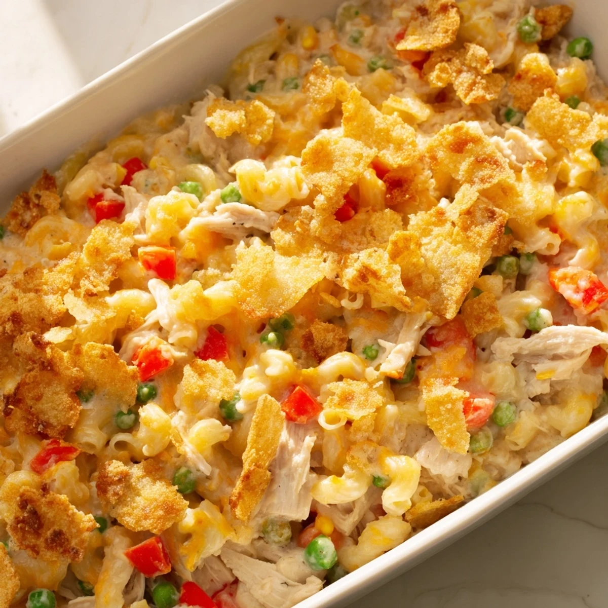 Creamy Chicken Macaroni Southern Style, featuring tender chicken, a rich cheese sauce and golden topping.