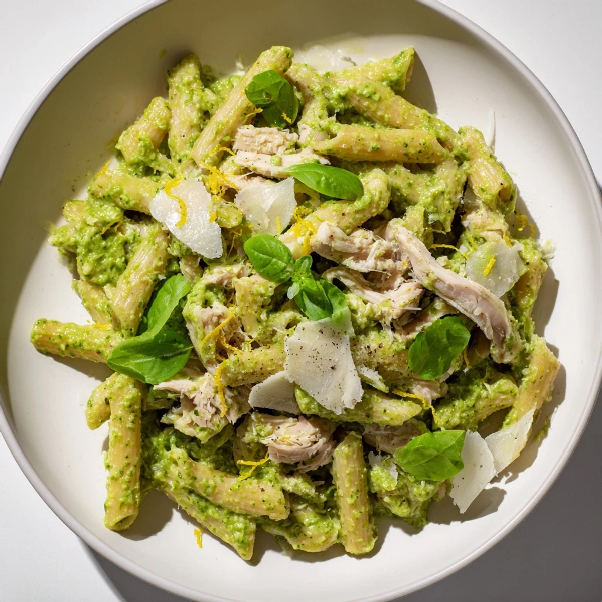 Steaming 10-Minute Pesto Pasta with Chicken: flavorful pasta tossed with chicken, fragrant pesto, and Parmesan.