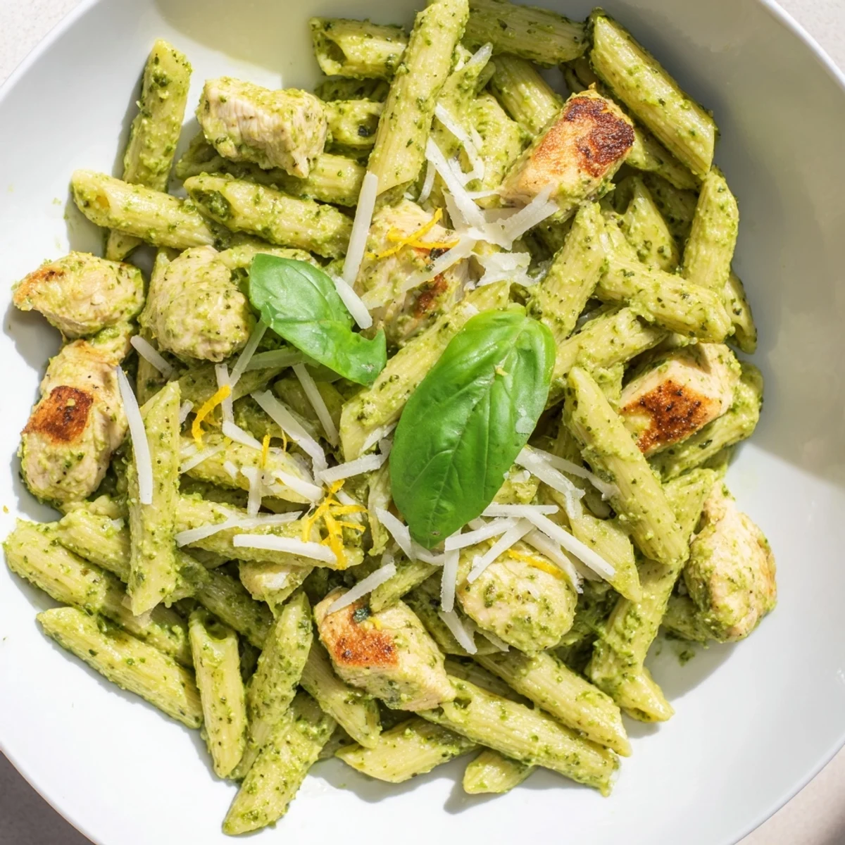A close-up of savory 10-Minute Pesto Pasta with Chicken, showing juicy chicken and creamy pesto sauce.