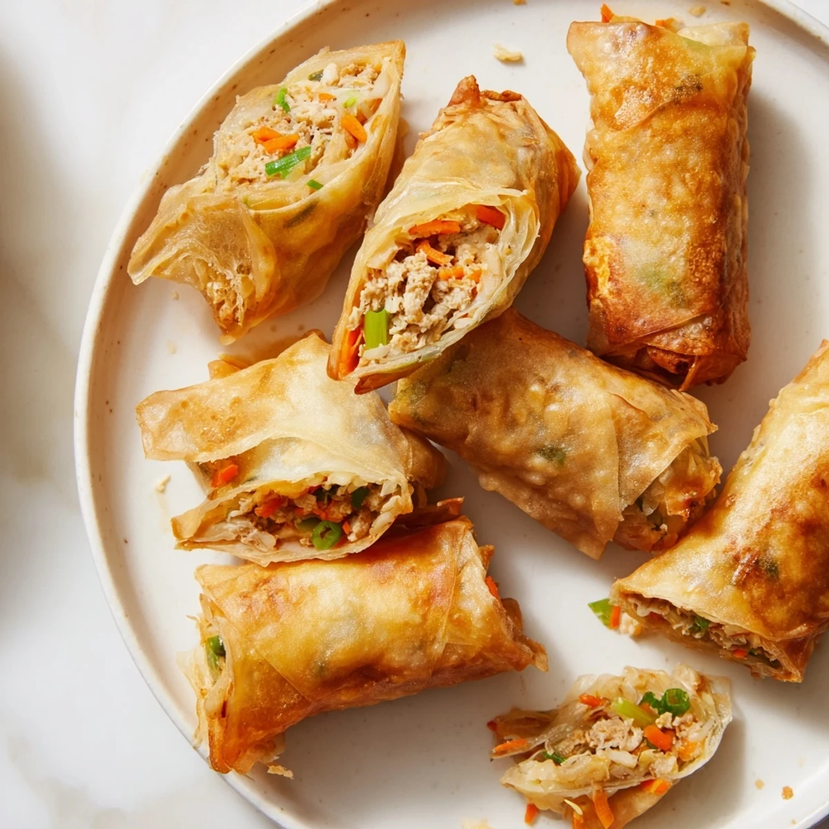 Close-up of freshly air-fried Chicken Lumpia Bites, showcasing golden brown, delicious textures.