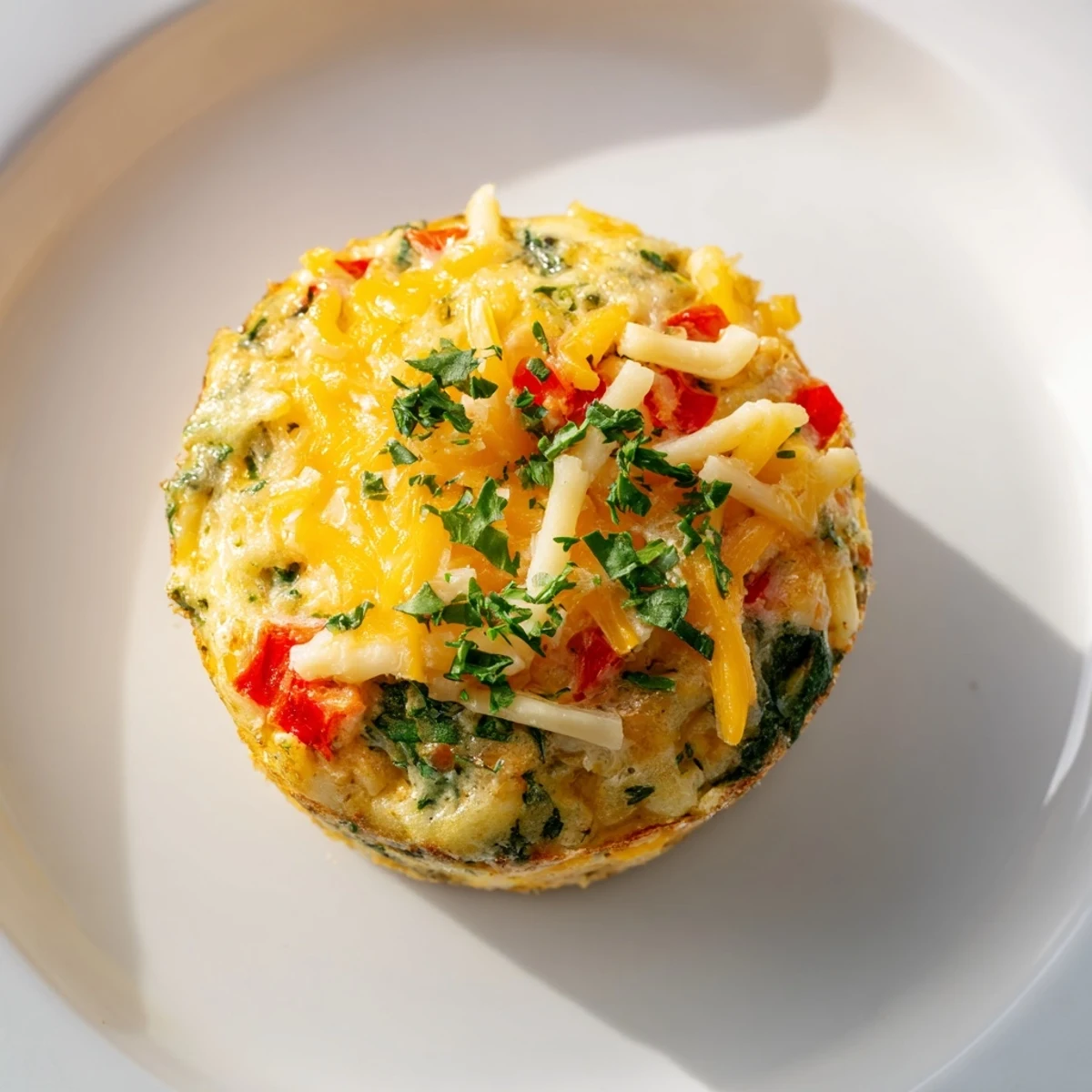 Fresh, baked mini crustless quiches: a close-up shows fluffy egg cups with spinach and cheese.