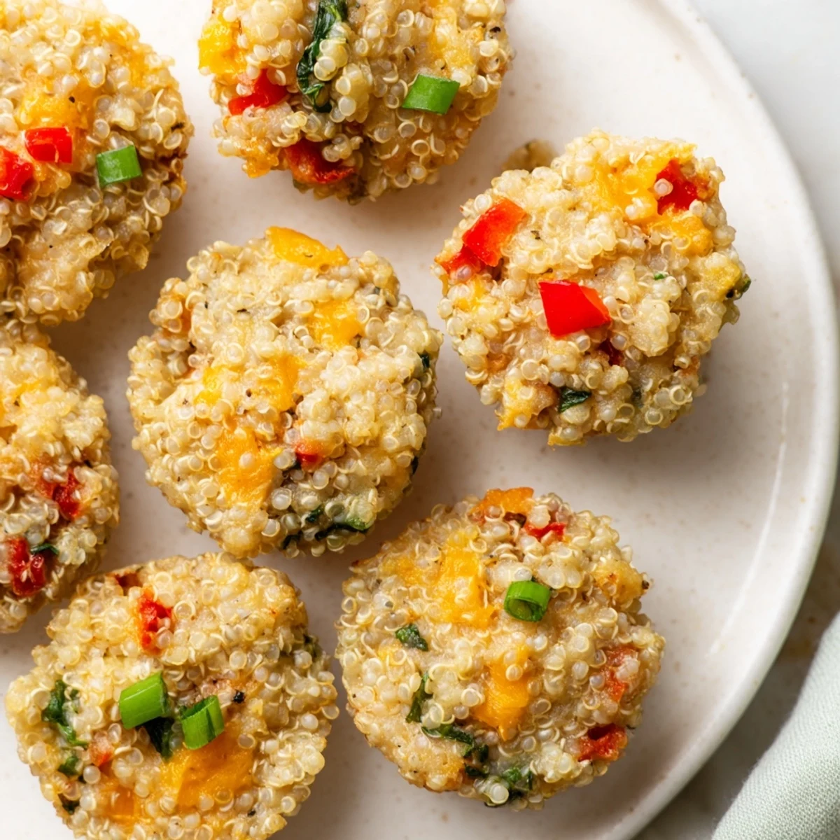Golden-brown Baked Cheddar Quinoa Bites filled with vibrant veggies, perfect for easy, healthy snacking.