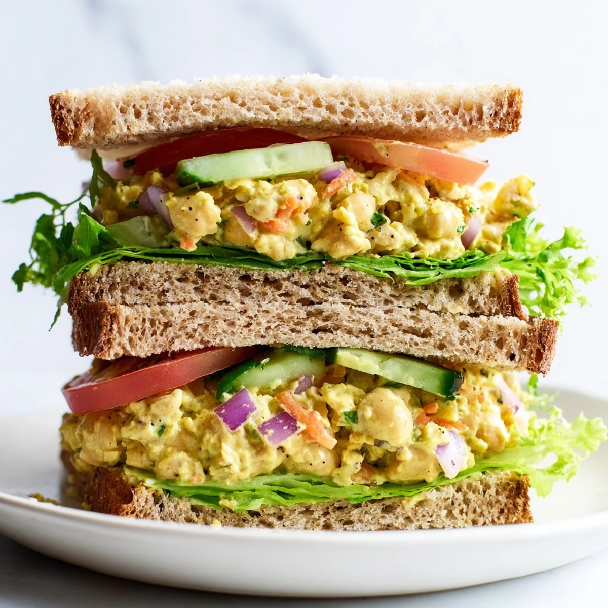 A close-up of a delicious and creamy Easy Chickpea Salad Sandwich, ready to eat with fresh ingredients.