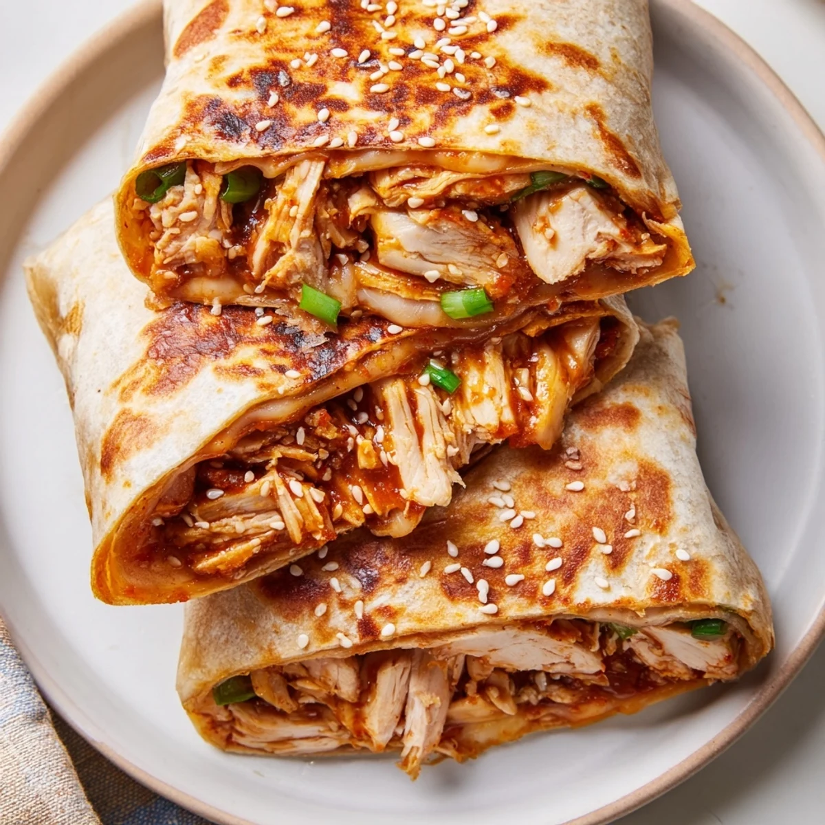 Golden-brown Korean BBQ Chicken Wrap Grilled Cheese, bursting with melty cheese and savory goodness.