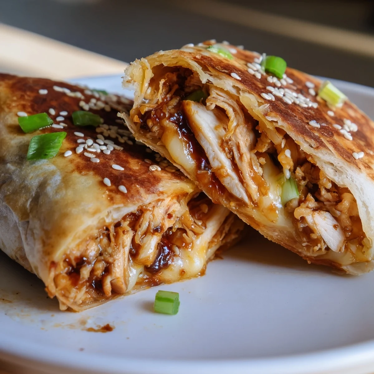Crispy tortilla wrapping a Korean BBQ Chicken Wrap Grilled Cheese, ready to be sliced and enjoyed.