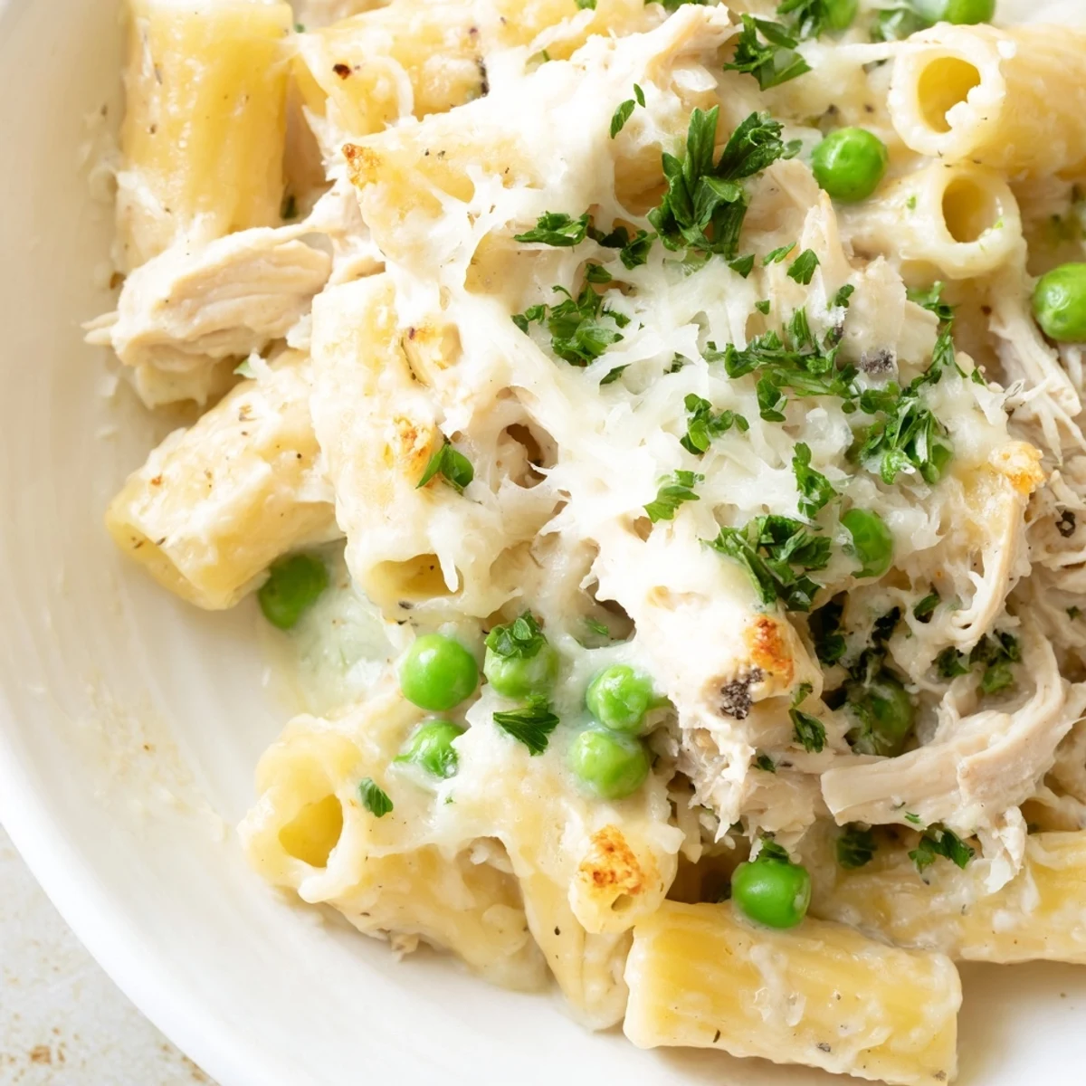 A comforting bowl of Slow Cooker Chicken Alfredo Pasta Bake, garnished with fresh parsley and ready to serve.
