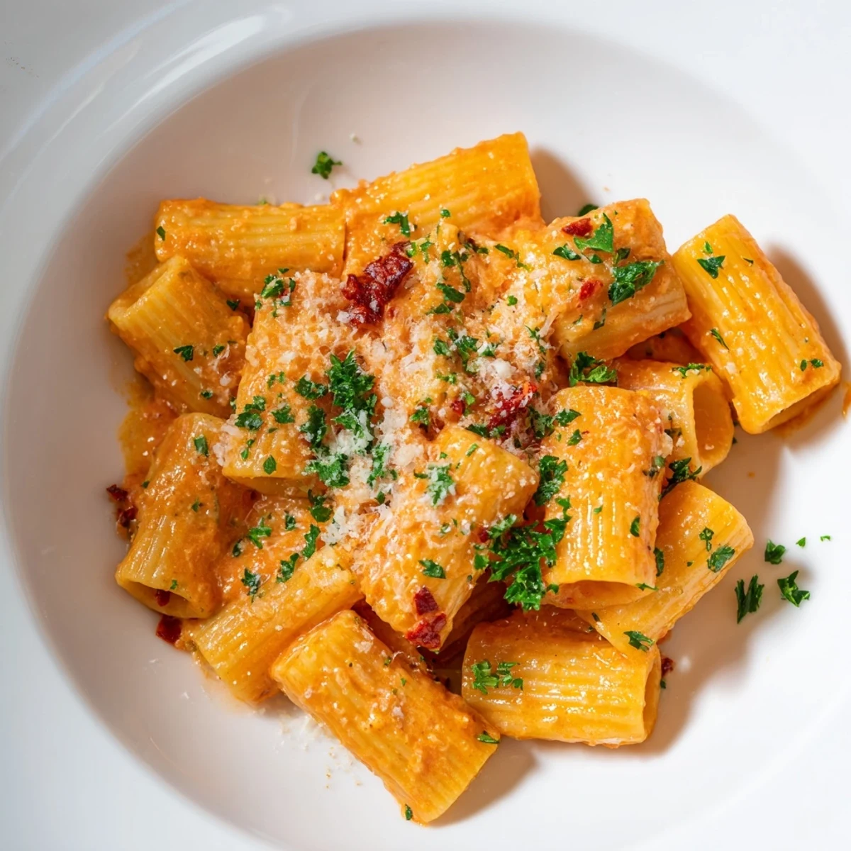 Steaming bowl of Gigi Hadid-Style Spicy Rigatoni, creamy tomato sauce coating the perfectly cooked pasta.