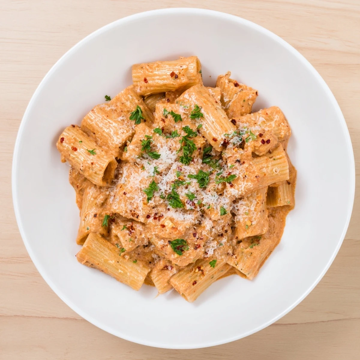 Delicious Gigi Hadid-Style Spicy Rigatoni, a comforting pasta dish with a kick from chili flakes, steaming hot.