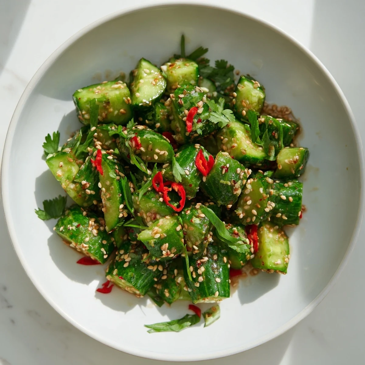 Sizzling plate of Chinese Spicy Smashed Cucumber Salad, boasting bold red chili flakes and crunchy textures in a bowl.