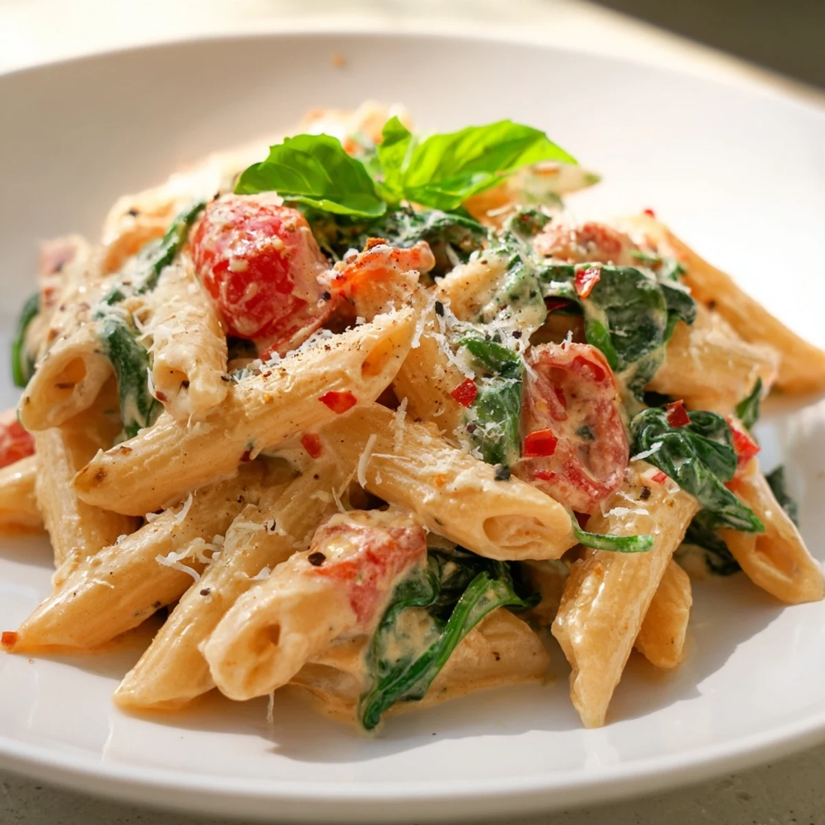 Creamy Cottage Cheese High-Protein Pasta coated in a velvety sauce, sprinkled with fresh basil.