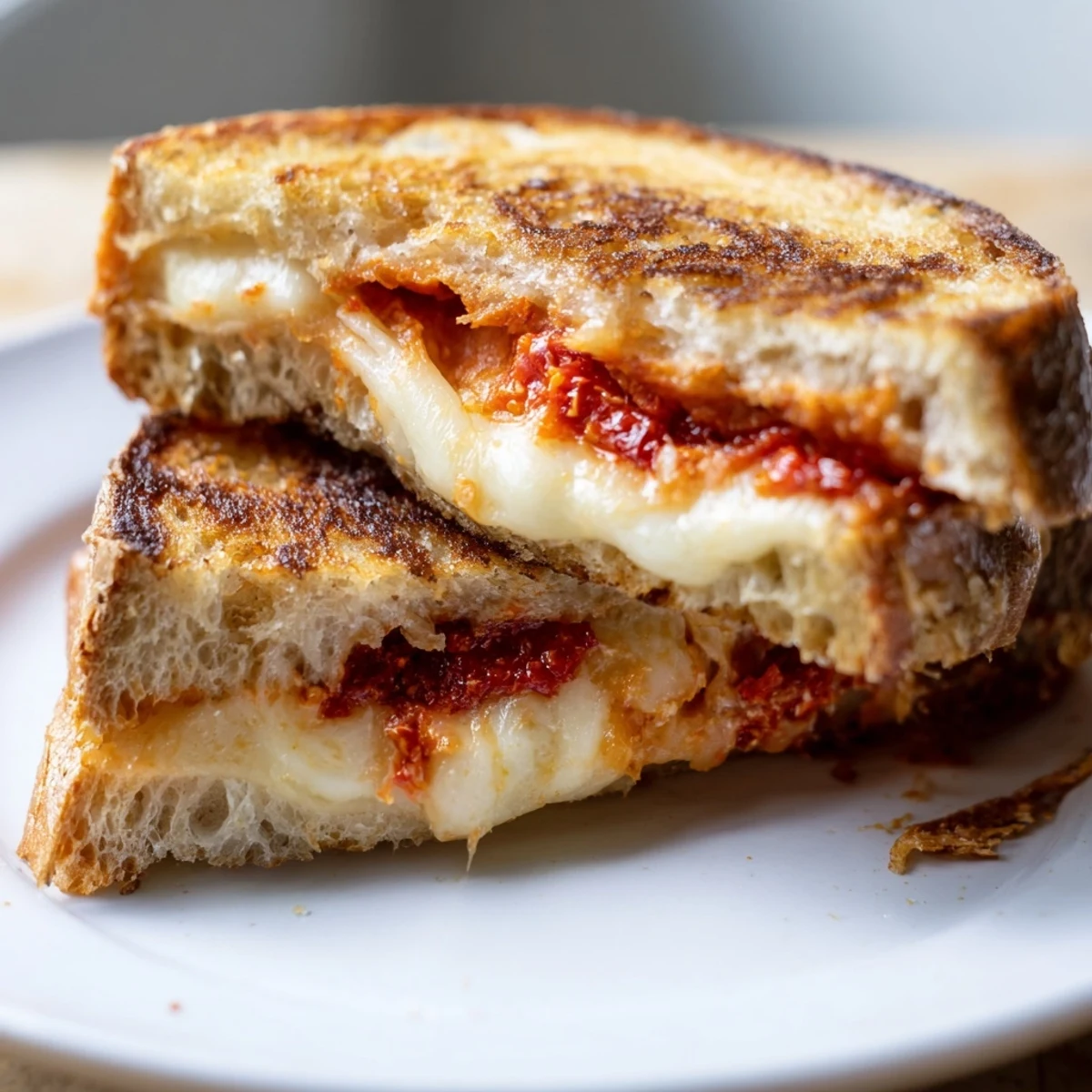 Golden-brown, buttery sourdough holding oozing brie and chili crisp: a delicious Brie and Chili Crisp Grilled Cheese.