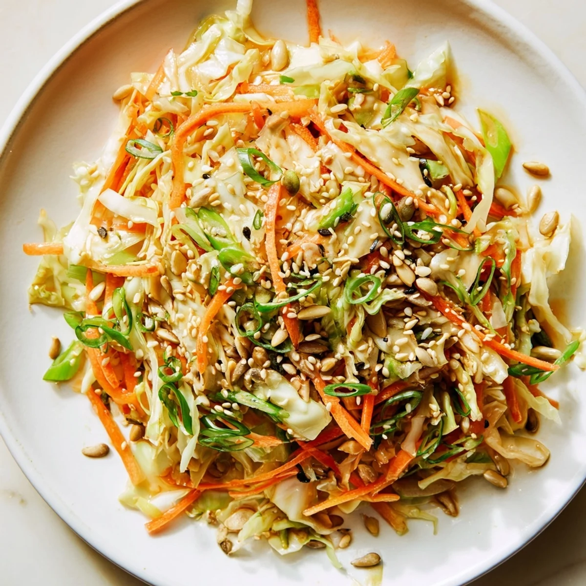 Vibrant Cabbage-Core Slaw Salad, a colorful mix of crunchy vegetables with toasted seeds in a flavorful dressing.
