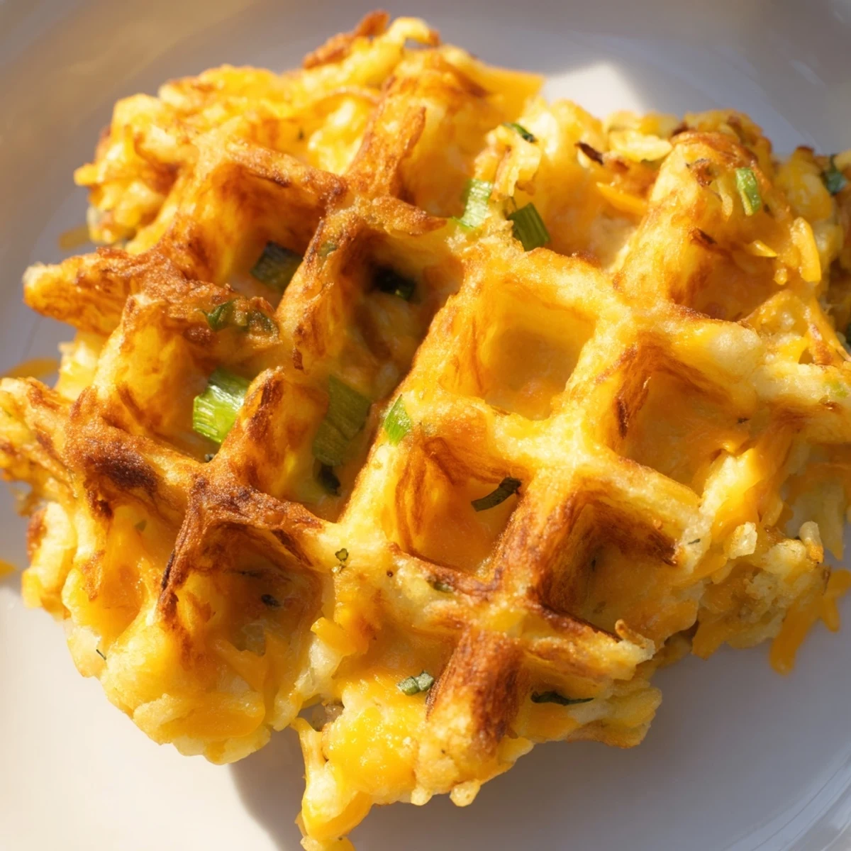 Golden, crispy Cheesy Hash Brown Waffles are piled high, showcasing their cheesy insides and perfect texture.