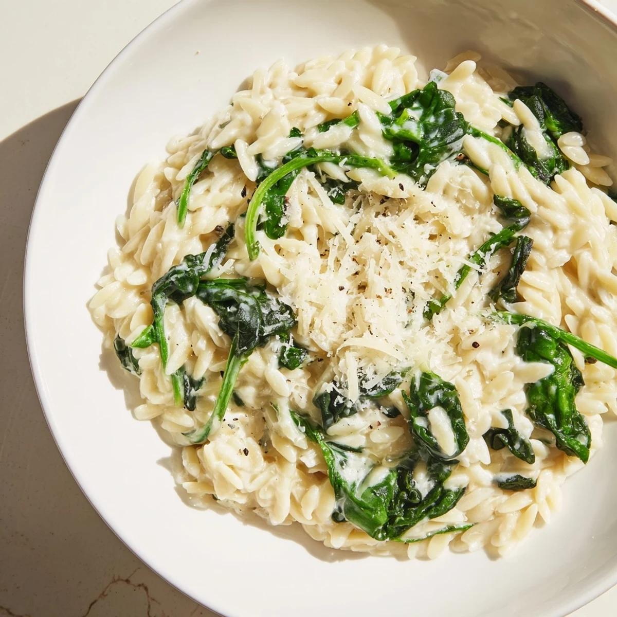 A bowl of comforting Creamy Spinach Orzo, topped with Parmesan; smells savory and delicious.